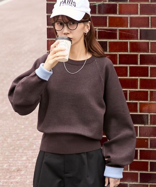 BONLECILL（ボンルシール）の「【マシンウォッシャブル】配色ボリュームスリーブスウェットライクニット（ニット/セーター・レディース・オートミール/ネイビー/アイボリー/ブラック/チャコールグレー/スミクロ/ベージュ/ネイビー系1/ブラウン/グリーン/レッド/グレー系その他・FREE/L/M）」の6枚目の写真