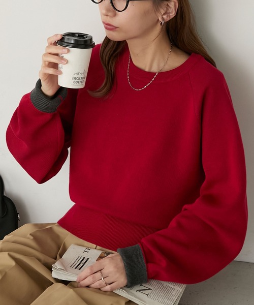 BONLECILL（ボンルシール）の「【マシンウォッシャブル】配色ボリュームスリーブスウェットライクニット（ニット/セーター・レディース・オートミール/ネイビー/アイボリー/ブラック/チャコールグレー/スミクロ/ベージュ/ネイビー系1/ブラウン/グリーン/レッド/グレー系その他・FREE/L/M）」の12枚目の写真