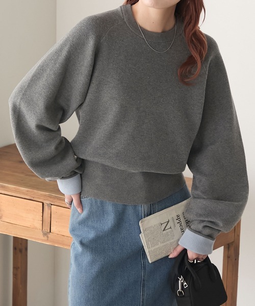 BONLECILL（ボンルシール）の「【マシンウォッシャブル】配色ボリュームスリーブスウェットライクニット（ニット/セーター・レディース・オートミール/ネイビー/アイボリー/ブラック/チャコールグレー/スミクロ/ベージュ/ネイビー系1/ブラウン/グリーン/レッド/グレー系その他・FREE/L/M）」の21枚目の写真