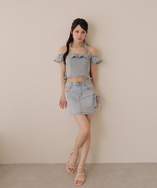 *M DOLLY original* choker frill denim blouse/チョーカーフリルデニムブラウス レディース M DOLLY original* choker frill denim blouse/チョーカーフリル