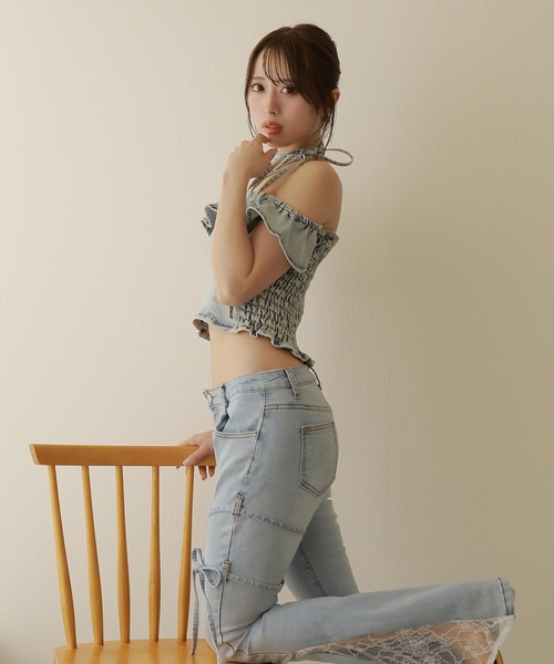 *M DOLLY original* choker frill denim blouse/チョーカーフリルデニムブラウス レディース M DOLLY original* choker frill denim blouse/チョーカーフリル