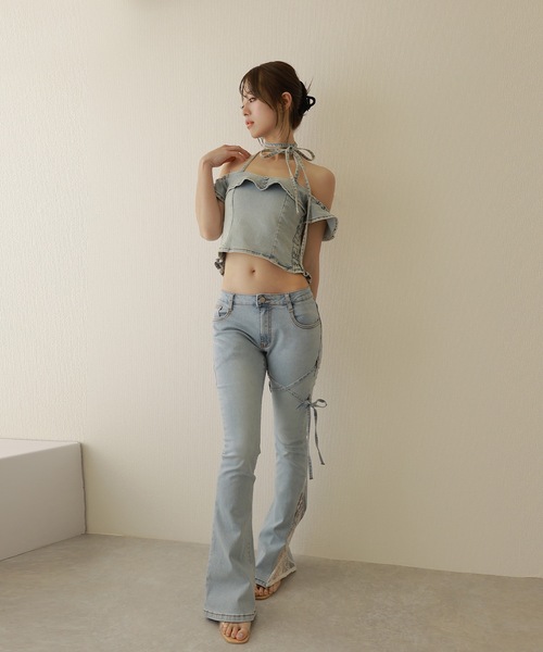 *M DOLLY original* choker frill denim blouse/チョーカーフリルデニムブラウス レディース M DOLLY original* choker frill denim blouse/チョーカーフリル