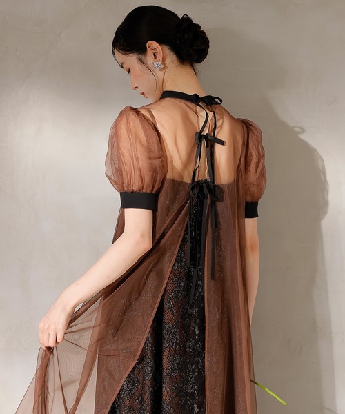 セール】チュールバックデザインリボンワンピ ラメレースキャミワンピ