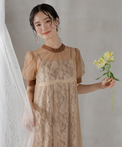 チュールバックデザインリボンワンピ ラメレースキャミワンピ 2点