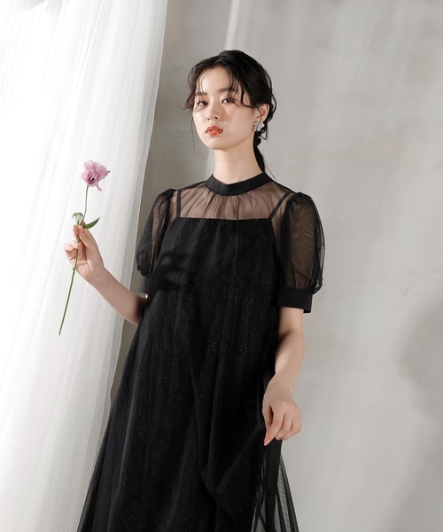 チュールバックデザインリボンワンピ ラメレースキャミワンピ 2点