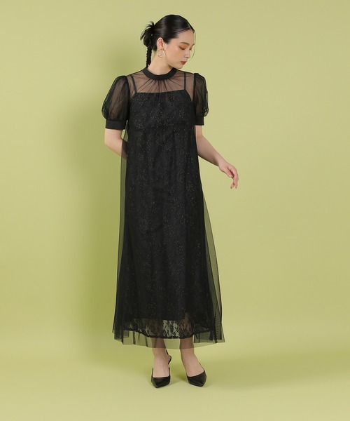 チュールバックデザインリボンワンピ ラメレースキャミワンピ 2点