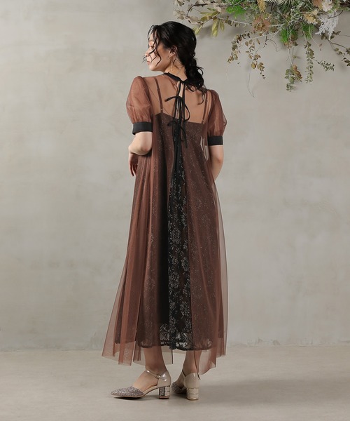 チュールバックデザインリボンワンピ ラメレースキャミワンピ 2点