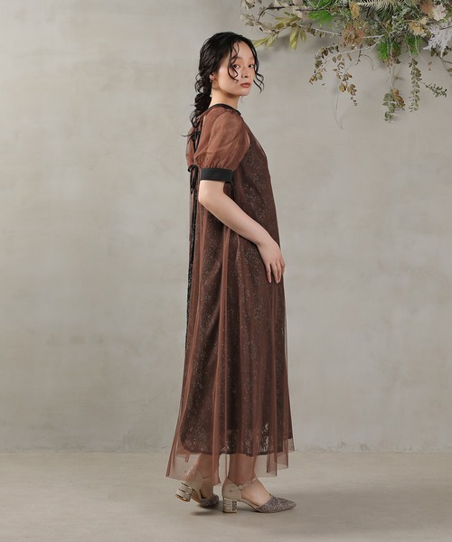 チュールバックデザインリボンワンピ ラメレースキャミワンピ 2点