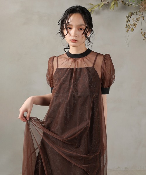 チュールバックデザインリボンワンピ ラメレースキャミワンピ 2点