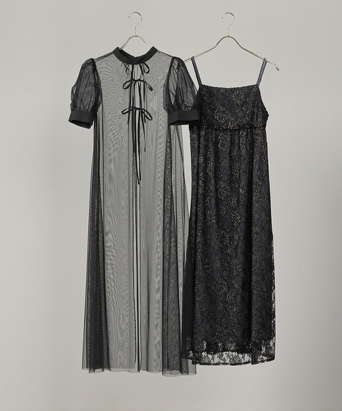 チュールバックデザインリボンワンピ ラメレースキャミワンピ 2点