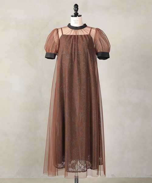 チュールバックデザインリボンワンピ ラメレースキャミワンピ 2点