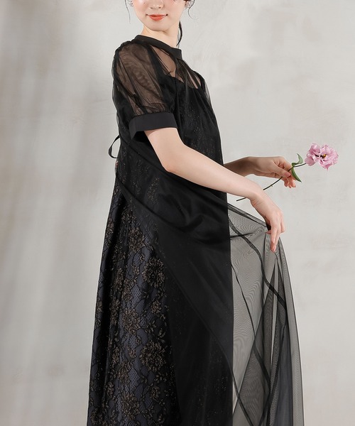 セール】チュールバックデザインリボンワンピ ラメレースキャミワンピ