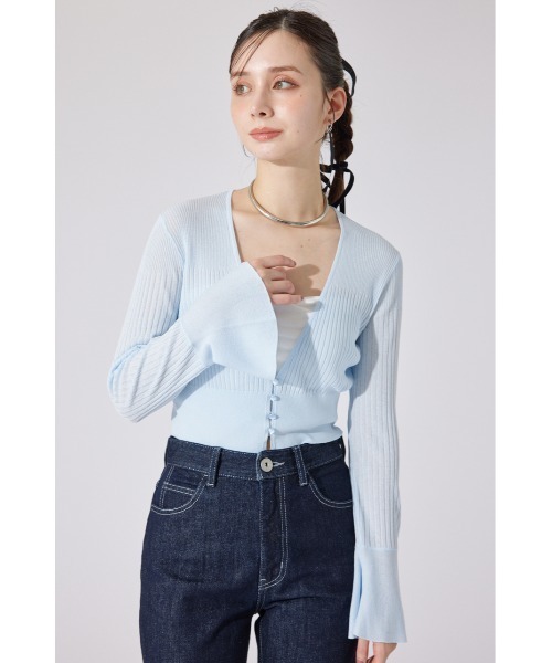rienda(リエンダ)の「クロップドフレアスリーブシアーニットカーディガン 春服 夏服(カーディガン/ボレロ・レディース・ホワイト/ブラック/ライトブルー・FREE)」の18枚目の写真