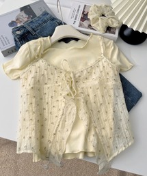 花柄ｷｬﾐｿｰﾙ+ﾗｳﾝﾄﾞﾈｯｸTｼｬﾂｾｯﾄ