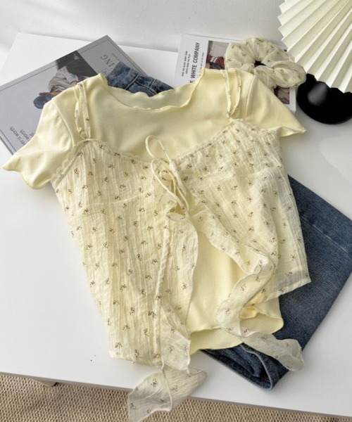 SPIGA（スピーガ）の「花柄ｷｬﾐｿｰﾙ+ﾗｳﾝﾄﾞﾈｯｸTｼｬﾂｾｯﾄ（Tシャツ/カットソー・レディース・ホワイト/ブルー/イエロー・FREE）」の7枚目の写真