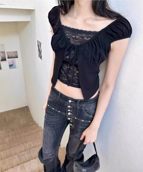 A'GEM/9 × .kom 「.KOM/ドットケーオーエム」 2Pレーストップ レディース A'GEM/9 × .kom 『.KOM/ドットケーオーエム』 2Pレーストップ