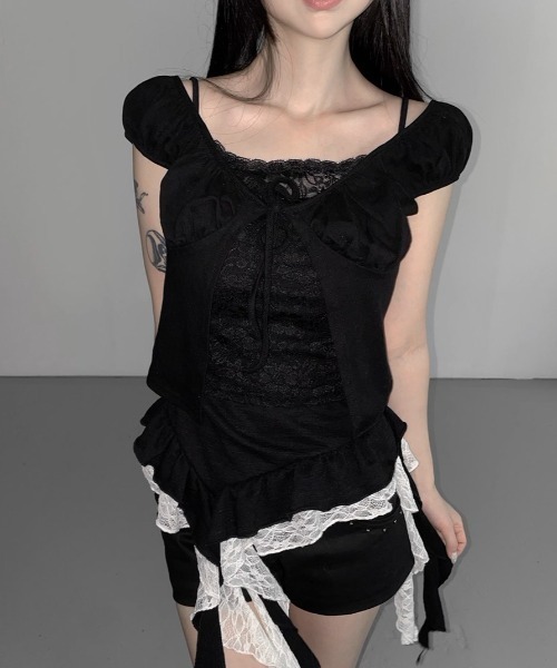 A'GEM/9 × .kom 「.KOM/ドットケーオーエム」 2Pレーストップ レディース A'GEM/9 × .kom 『.KOM/ドットケーオーエム』 2Pレーストップ