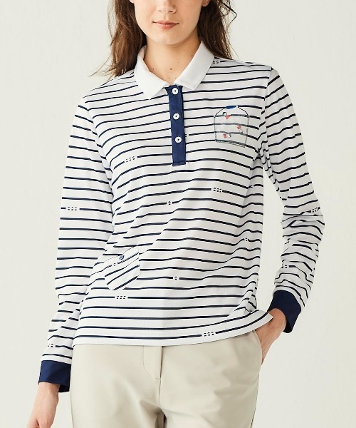 Picone CLUB（ピッコーネクラブ）の「ピコボーダーポロシャツ（ポロシャツ・レディース・ベージュ/グリーン/ネイビー/オレンジ・S/L/M）」の7枚目の写真