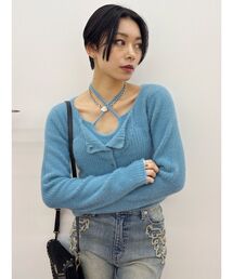 ホルターネックシャギーニットトップス
