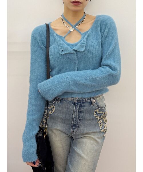 EVRIS（エヴリス）の「ホルターネックシャギーニットトップス（ニット/セーター・レディース・ブラック/グレー/ブルー/ホワイト・FREE）」の4枚目の写真