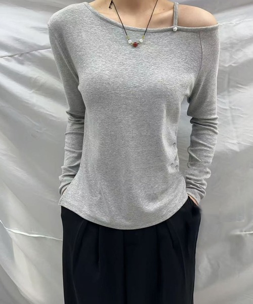Lace Ladies(レースレディース)の「パール ワンショルダー 長袖 カット トップス(Tシャツ/カットソー・レディース・ブラック/ライトグレー/パープル/ダークグレー・FREE)」の2枚目の写真
