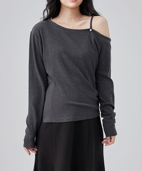 Lace Ladies(レースレディース)の「パール ワンショルダー 長袖 カット トップス(Tシャツ/カットソー・レディース・ブラック/ライトグレー/パープル/ダークグレー・FREE)」の3枚目の写真