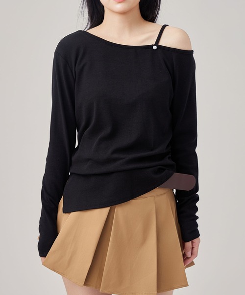 Lace Ladies(レースレディース)の「パール ワンショルダー 長袖 カット トップス(Tシャツ/カットソー・レディース・ブラック/ライトグレー/パープル/ダークグレー・FREE)」の1枚目の写真
