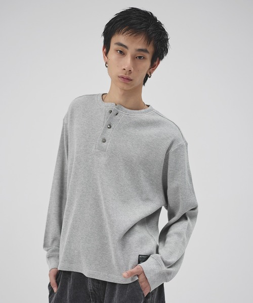 セール】コットンサーマルロングスリーブヘンリーネックTシャツ
