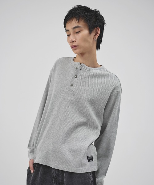 セール】コットンサーマルロングスリーブヘンリーネックTシャツ