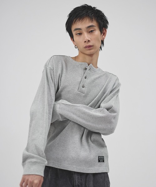 セール】コットンサーマルロングスリーブヘンリーネックTシャツ
