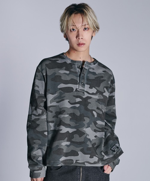 セール】コットンサーマルロングスリーブヘンリーネックTシャツ