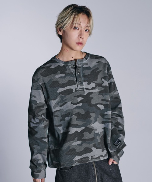 セール】コットンサーマルロングスリーブヘンリーネックTシャツ