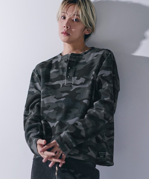 セール】コットンサーマルロングスリーブヘンリーネックTシャツ