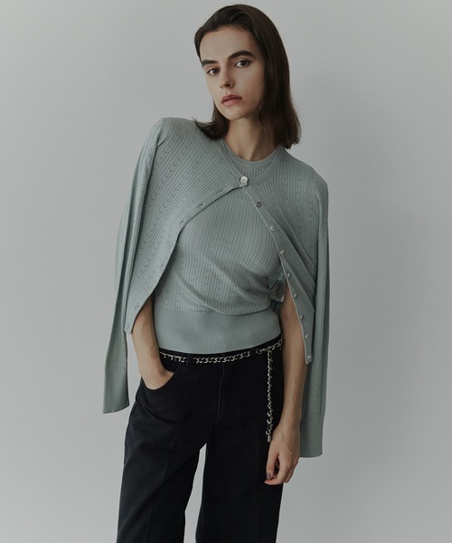 LE CIEL BLEU（ルシェルブルー）の「リブドアイレットカーディガン / Ribbed Eyelet Cardigan（ニット/セーター・レディース・ピンク/ライトブルー・36）」の2枚目の写真