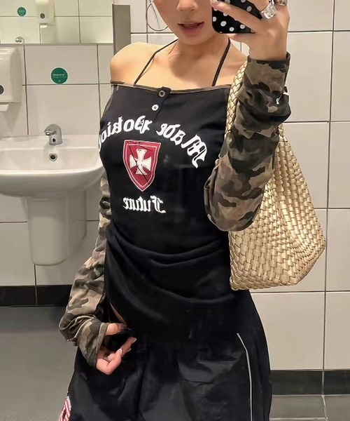 MEMECLE(メメクル)の「【 MEMECLE / メメクル 】Y2K カモ ラグラン ロングスリーブ トップス(Tシャツ/カットソー・レディース・ブラック/ホワイト/グレー・FREE)」の1枚目の写真