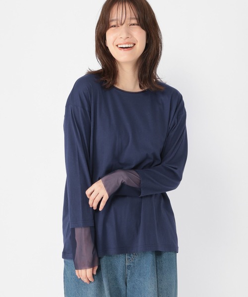 袖シアー切り替えクルーネックプルオーバー（Tシャツ/カットソー