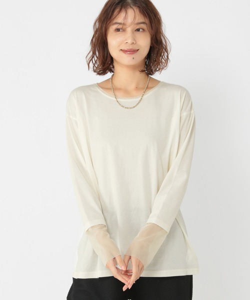 袖シアー切り替えクルーネックプルオーバー（Tシャツ/カットソー