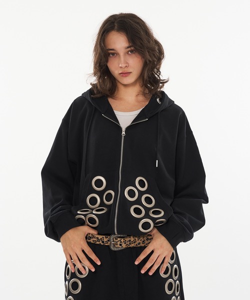 WISH FOR EVER(ウィッシュフォーエバー)の「EYELET DESIGN DOUBLE ZIP HOODIE / アイレットデザインダブルジップフーディ(パーカー・メンズ・ピンク/グレー/ブラック・MEDIUM/LARGE/SMALL)」の21枚目の写真