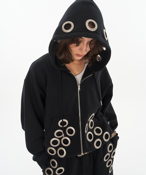 WISH FOR EVER(ウィッシュフォーエバー)の「EYELET DESIGN DOUBLE ZIP HOODIE / アイレットデザインダブルジップフーディ(パーカー・メンズ・ピンク/グレー/ブラック・MEDIUM/LARGE/SMALL)」の5枚目の写真