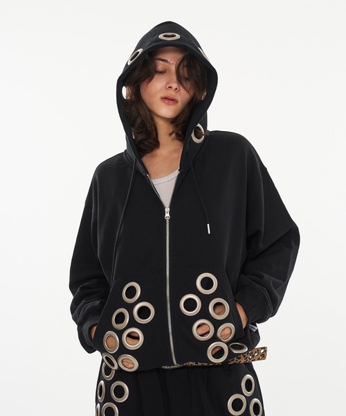 WISH FOR EVER(ウィッシュフォーエバー)の「EYELET DESIGN DOUBLE ZIP HOODIE / アイレットデザインダブルジップフーディ(パーカー・メンズ・ピンク/グレー/ブラック・MEDIUM/LARGE/SMALL)」の6枚目の写真