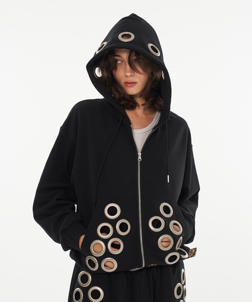 WISH FOR EVER(ウィッシュフォーエバー)の「EYELET DESIGN DOUBLE ZIP HOODIE / アイレットデザインダブルジップフーディ(パーカー・メンズ・ピンク/グレー/ブラック・MEDIUM/LARGE/SMALL)」の7枚目の写真
