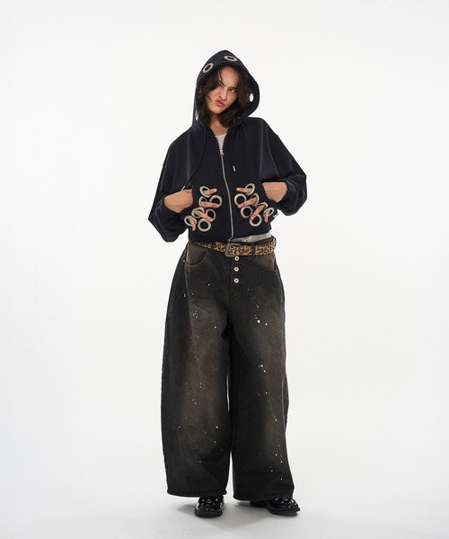 WISH FOR EVER(ウィッシュフォーエバー)の「EYELET DESIGN DOUBLE ZIP HOODIE / アイレットデザインダブルジップフーディ(パーカー・メンズ・ピンク/グレー/ブラック・MEDIUM/LARGE/SMALL)」の9枚目の写真
