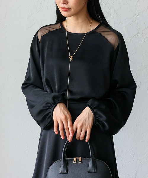 No Rule No Line（ノール－ルノーライン）の「サテン×チュール 異素材切替ブラウス（Tシャツ/カットソー・レディース・ホワイト/ブラック・FREE）」の10枚目の写真