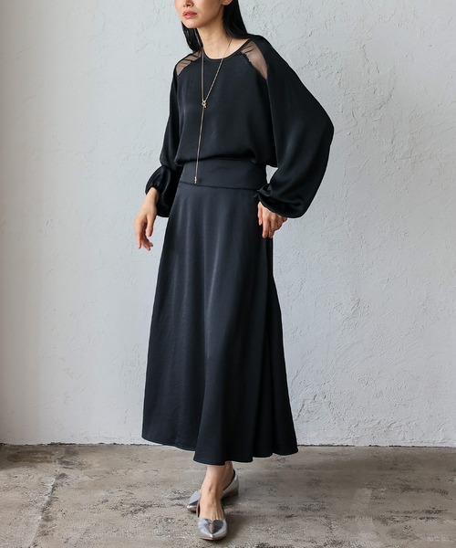 No Rule No Line（ノール－ルノーライン）の「サテン×チュール 異素材切替ブラウス（Tシャツ/カットソー・レディース・ホワイト/ブラック・FREE）」の14枚目の写真