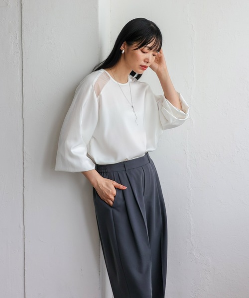 No Rule No Line（ノール－ルノーライン）の「サテン×チュール 異素材切替ブラウス（Tシャツ/カットソー・レディース・ホワイト/ブラック・FREE）」の18枚目の写真