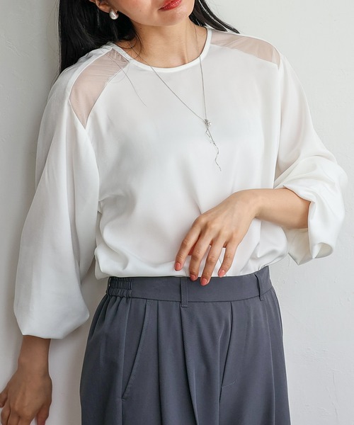 No Rule No Line（ノール－ルノーライン）の「サテン×チュール 異素材切替ブラウス（Tシャツ/カットソー・レディース・ホワイト/ブラック・FREE）」の20枚目の写真