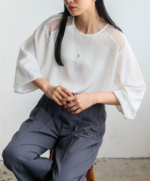 No Rule No Line（ノール－ルノーライン）の「サテン×チュール 異素材切替ブラウス（Tシャツ/カットソー・レディース・ホワイト/ブラック・FREE）」の21枚目の写真