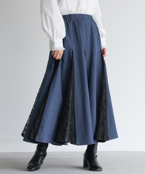 somari imagination（ソマリ イマジネーション）の「『デニムレース切り替えスカート』（デニムスカート・レディース・ネイビー/ブラック・2/1）」の3枚目の写真