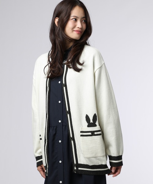 Psycho Bunny（サイコバニー）の「[WOMEN]ポケットバニー クルーネックカーディガン（ニット/セーター・レディース・ホワイト/ネイビー・FREE）」の2枚目の写真