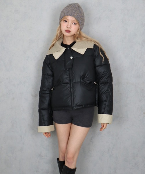 イオコムイオ ダウンジャケット ショート丈【38】ニット襟 ドッキング 春秋冬 ダウン アウター ブルゾン ダウンジャケット コート ショート丈